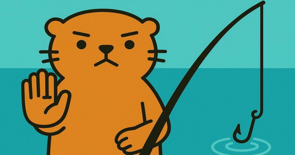 フィッシング詐欺に注意を呼びかける、手を上げて警告するカワウソのイラスト