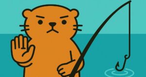 フィッシング詐欺に注意を呼びかける、手を上げて警告するカワウソのイラスト
