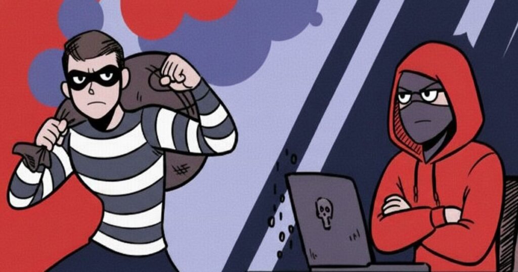 袋を担いだ泥棒とフード姿のハッカーが対峙する防犯イラスト