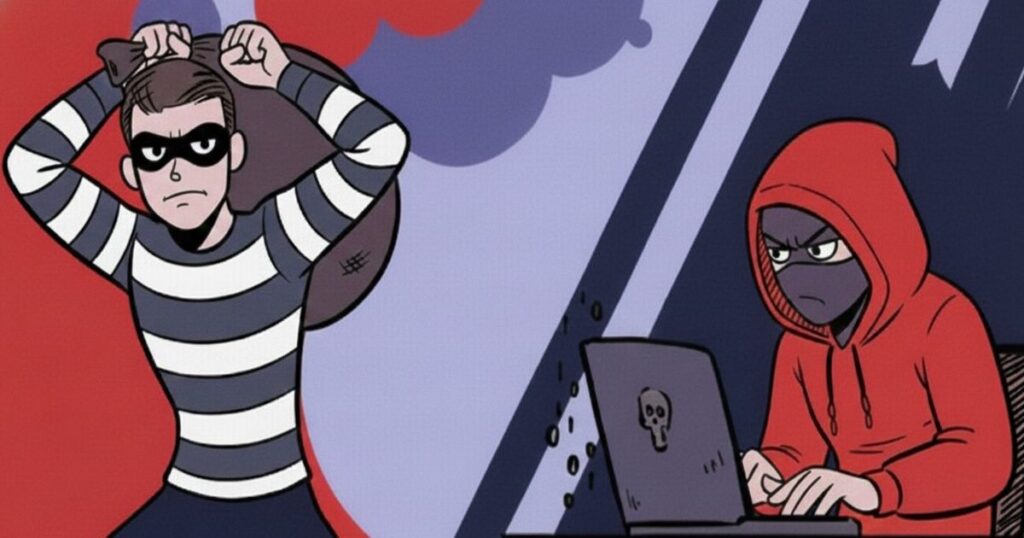 伝統的な泥棒とコンピューターで作業するハッカー。