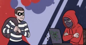 泥棒とハッカーを対比したイラスト。袋を抱える泥棒と、フードをかぶって不敵に笑うハッカーが並んで描かれている。