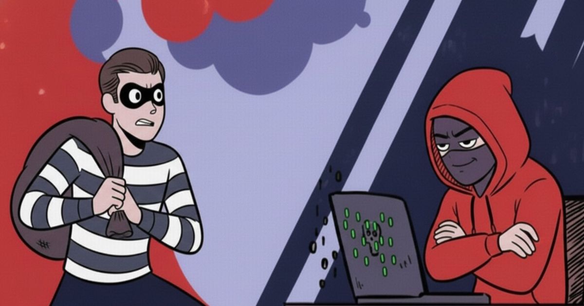 泥棒とハッカーを対比したイラスト。袋を抱える泥棒と、フードをかぶって不敵に笑うハッカーが並んで描かれている。
