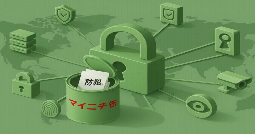 防犯対策を象徴するセキュリティとマイニチ缶のイメージイラスト