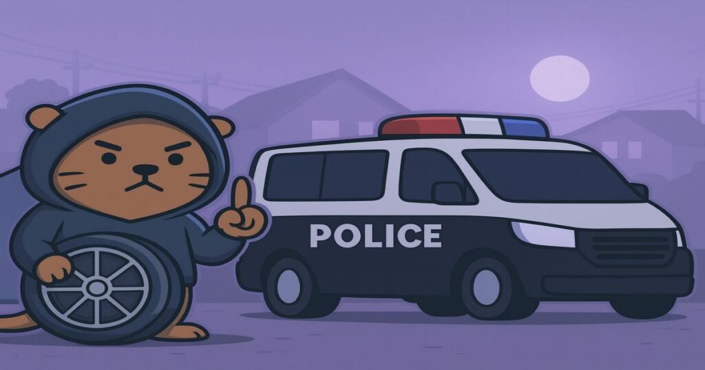 フード姿のカワウソキャラが住宅街で警察ワゴン車と並ぶイラスト