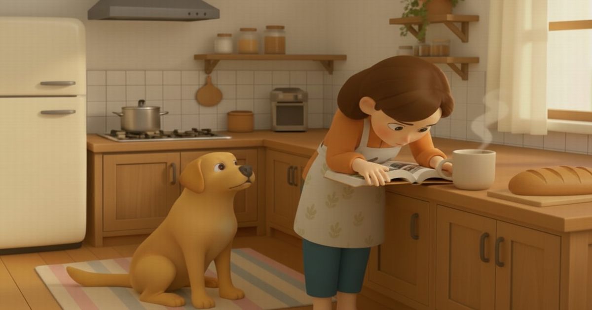 キッチンで本を読む親と、そばで見守る犬のイラスト