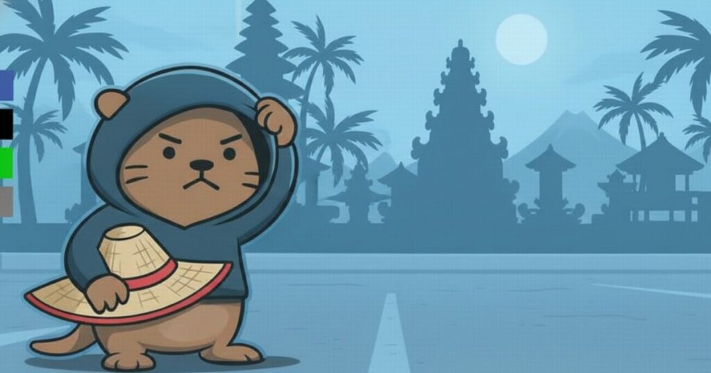 青系のバリ島風背景の前で、帽子を手にしたフード姿のカワウソ君がポーズを取っているイラスト