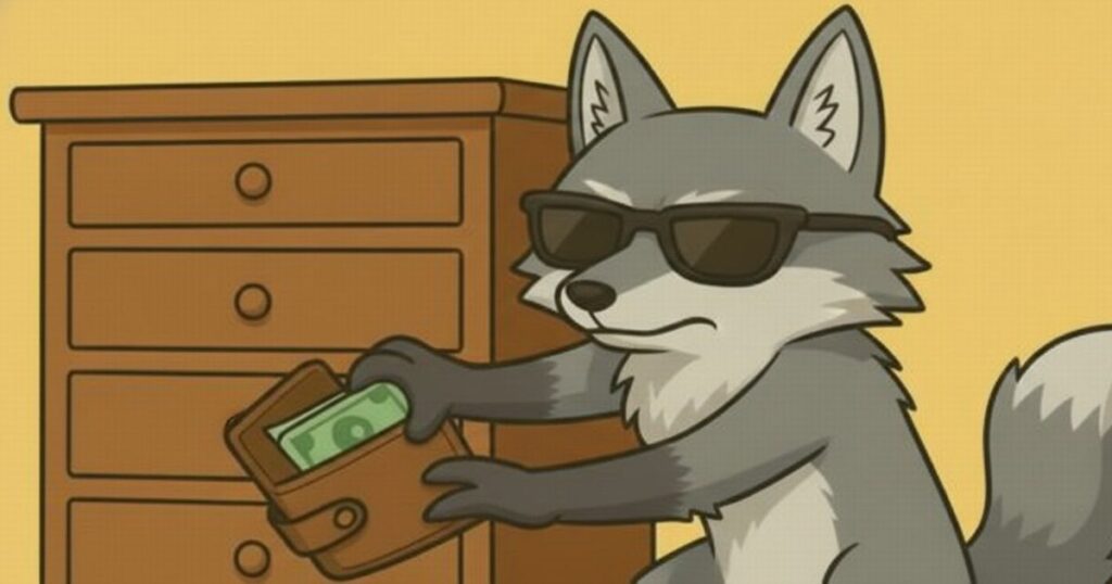 サングラスをかけたオオカミが財布からお金を抜き取るイラスト