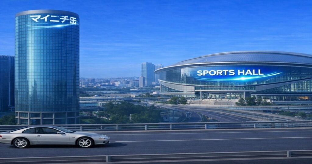 丸型高層ビルとスポーツホールが並ぶ都市風景のイメージ