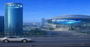 丸型高層ビルとスポーツホールが並ぶ都市風景のイメージ