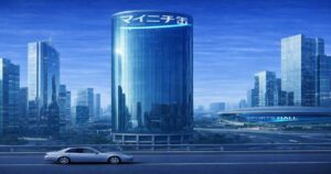 近未来的な高層ビル群とマイニチ缶のロゴが入った都市風景イメージ