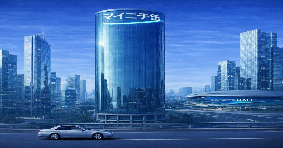 近未来的な高層ビル群とマイニチ缶のロゴが入った都市風景イメージ