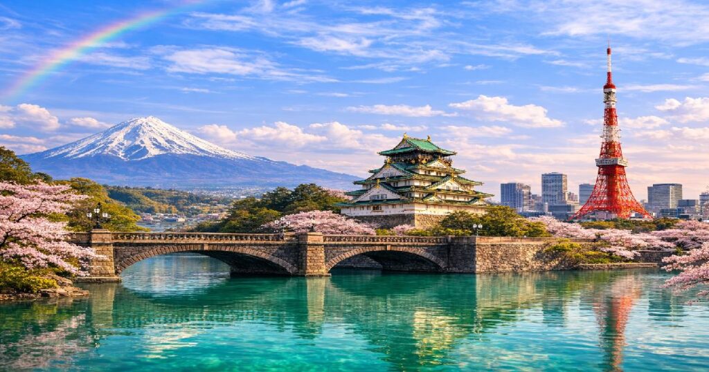 富士山と城、東京タワー、桜が広がる日本の象徴的な風景